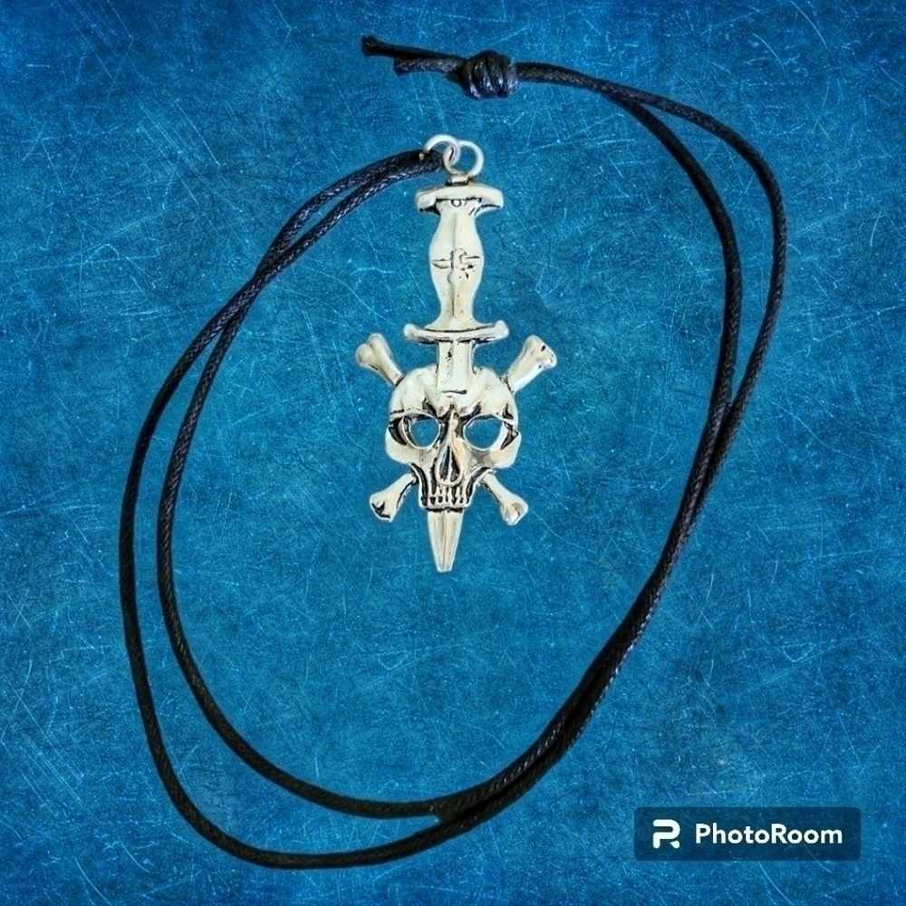 STAINLESS Steel Skull Crossbones Poison Dagger Pendant Goth Grunge Rope Necklace